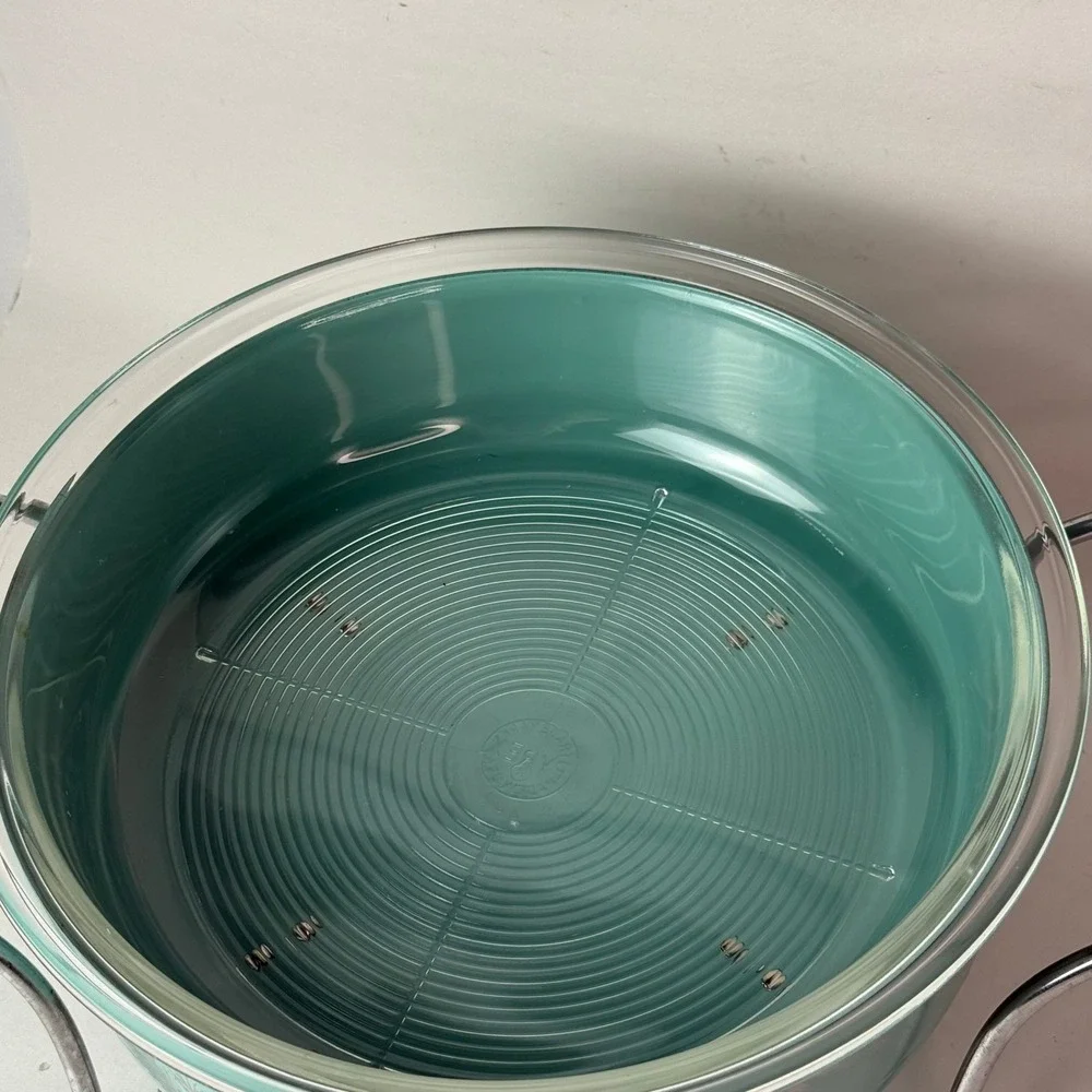 RARE Vtg Pyrex Atomic Turquoise Wheat 595 Chafing Serving Dish Chrome Cradle Lid